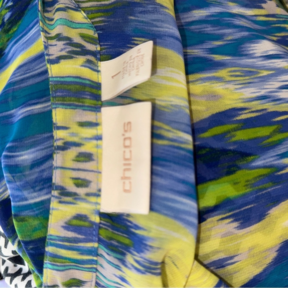 CHICO'S Sheer Tunic Top, Blue & Green Patterned, Button Up Or Cardigan Sz 1 Or M - Picture 11 of 11